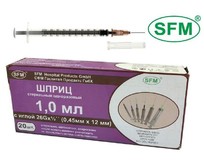 SFM Шприц  1мл. (3х) SFM, Германия однораз. стер. с надетой иглой 0,45 x 12  26G, упаковка №20 (БЕЗ ЛАТЕКСА) ( блистер)