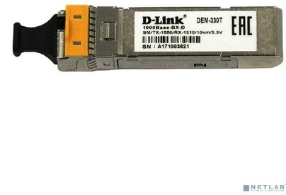 DLINK SMB DLink 330T/3KM/A1A WDM SFPтрансивер с 1 портом 1000BaseBXD (Tx:1550 нм, Rx:1310 нм) для одномодового оптического кабеля (до 3 км, разъе
