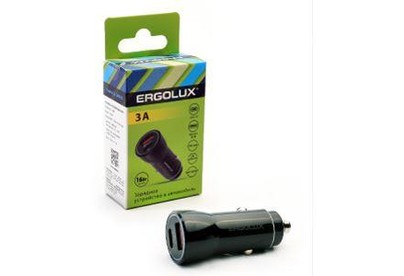 ERGOLUX (15106) ELXCA01C02 (Автомобильный адаптер 1USB+1Type C, 12В, 5V/3А, LED, Черный, Коробка)
