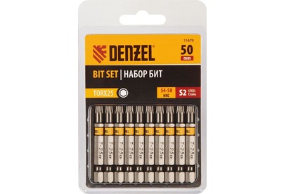 DENZEL Набор бит TORX 25х50, сталь S2, шестигранный профиль, 10 шт. 11670