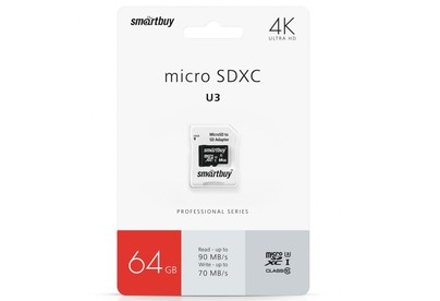 SMARTBUY (SB64GBSDCL10U301) MicroSDXC 64GB Class10 PRO (U3) 95/60 MB/S + адаптер