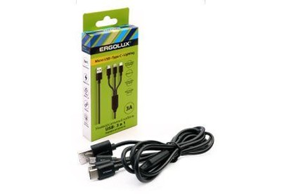 ERGOLUX (15099) ELXCDC05C02 3в1 Micro USBLightningType C, 3А, 1,2м, Черный