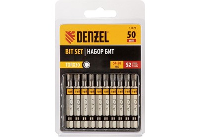 DENZEL Набор бит TORX 30х50, сталь S2, шестигранный профиль, 10 шт. 11671