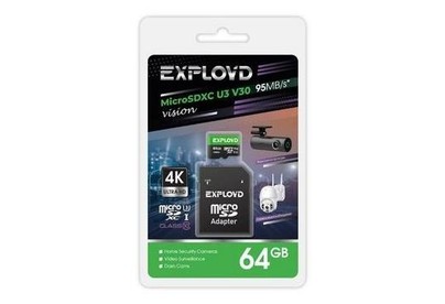 EXPLOYD MicroSDXC 64GB Class 10 (U3) V30 Vision + адаптер (SD 95 MB/s) [EX64GCSDXC10U3V30]