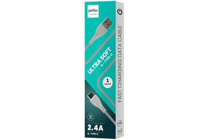 PERFEO (I4333) USB A  Lightning, 2.4A, голубой, силикон, 1 м., ULTRA SOFT