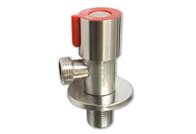 MAGNUS 9270 Кран металлокерамика угловой 1/2 х1/2 , красная ручка, с отражателем, из нержавеющей ста