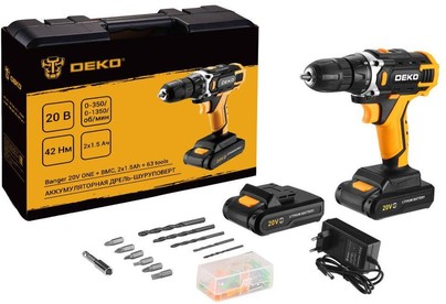 DEKO Banger 20V ONE + в кейсе + набор 63 инструмента для дома, 20В, 2х1.5Ач 0831043