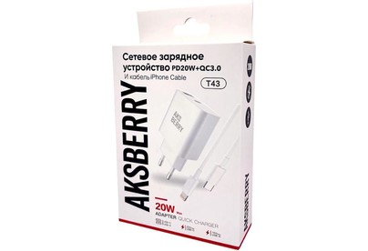 AKSBERRY (6900253200019) T43 20W PD + QC3.0 + кабель Lightning , белый
