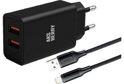 AKSBERRY (6900209210016) T38 2 USB 2.4A + кабель Lightning, черный