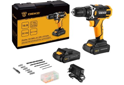 DEKO Sharker 16V в кейсе + набор 63 инструмента для дома, 16В, 2х1.5Ач 0831041
