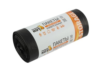 РЫЖИЙ КОТ Пакеты универсальные 90л (10шт./рул.) особо прочные, ПВД, черные, 40мкм (310409)