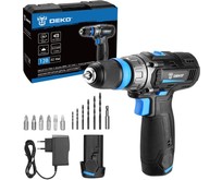 DEKO DKCD12V PRO в кейсе co съемным патроном + оснастка 13 шт, 12В, 2х1.5Ач 0831004