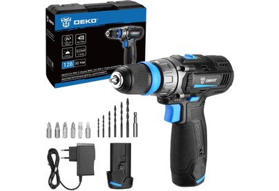 DEKO DKCD12V PRO в кейсе co съемным патроном + оснастка 13 шт, 12В, 2х1.5Ач 0831004