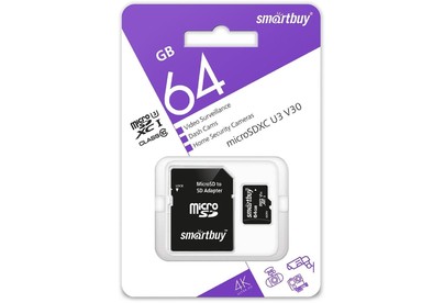 SMARTBUY (SB64GBSDCCTV) micro SDXC 064GB cl10 U3 V30 + адаптер