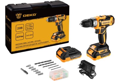 DEKO DKCD20V в кейсе + набор 63 инструмента для дома, 20В, 2х3.0Ач 0801009
