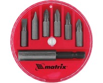 MATRIX Набор бит, магнитный адаптер для бит, сталь 45Х, 7 предм., в пласт. закрытом боксе//