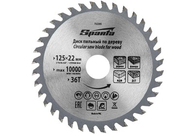 SPARTA Пильный диск по дереву, ф125 х 22 мм, 36 зубьев//