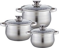 WEBBER BE614/6 Набор посуды из нерж.стали 6 пр. 2,1л, 2,9л, 3,9л со стеклянными крышками