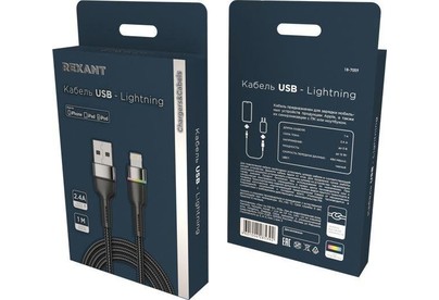 REXANT (187059) USBA  Lightning 2,4А, 1м, в черной нейлоновой оплетке, с LED подсветкой