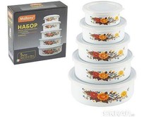 MALLONY Набор из 5 эмалированных мисок с крышками, FAMILIA, 195/340/600/850/1250 мл, цвет: белый дизайном (008764)